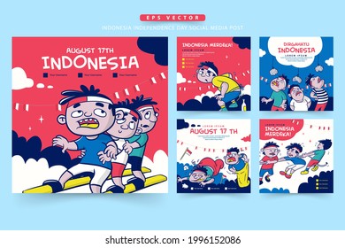 Set of Indonesia Independence Day social media post with Lomba or traditional game on august, Merdeka means Independent, Dirgahayu means celebration
