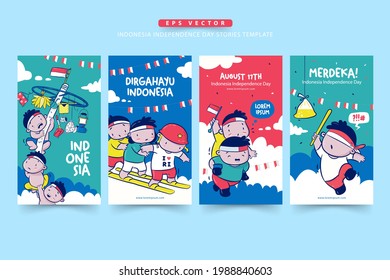 Set of Indonesia Independence Day stories template with lomba or traditional game on august, Merdeka means independent, Dirgahayu means celebration