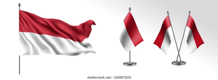 Set of Indonesia waving flag on isolated background vector illustration. 3 Indonesian wavy realistic flag as a patriotic symbol