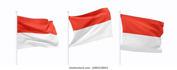 Set of Indonesia waving flag on flagpole. Realistic 3d design flag flies on the wind on isolated white background. vector illustration