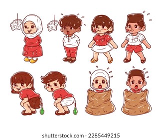 Set of indonesian character independence day competition illustration. Competition independence day of indonesia character. Cute kids character.