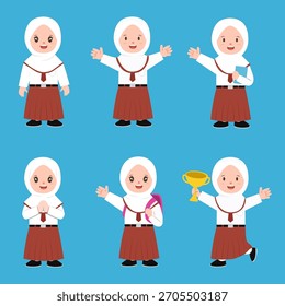 Set of indonesian elementary school student cute hijab girl character