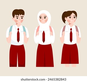 Set of Indonesian elementary school students flat illustration 