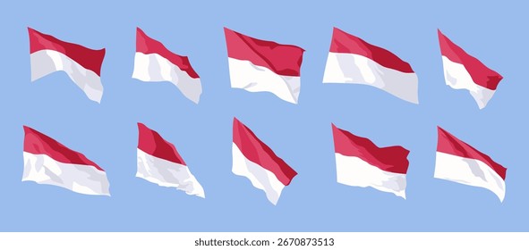 Set of Indonesian flags waving isolated on blue. Flat vector design.