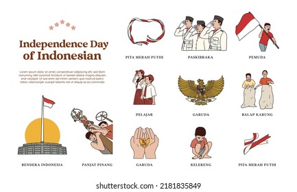 set of Indonesian independence day hand drawn illustration. Isolated patriot asset of indonesian culture.