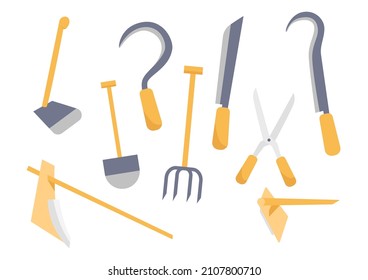 Set of Indonesian traditional farmer equipment. Plough, sickle, shovel, dagger, hoe, grass cutter, digging fork, and ani-ani or a tool to harvest rice paddy by cutting its straw.