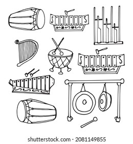 Set Of Indonesian Traditional Music Instrumental Illustration On White Background. Hand Drawn Vector. Monochrome Style. Doodle Art For Wallpaper, Logo, Poster, Sticker, Clipart, Cover. Java Music.