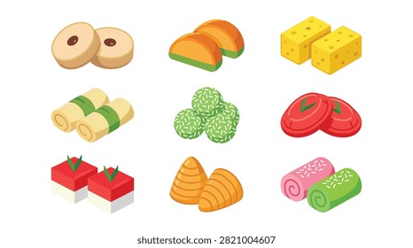 set of indonesian traditional snacks in pixel art style for digital menu and game assets