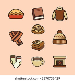 Set of Indoor Autumn Cute Flat Line Illustration