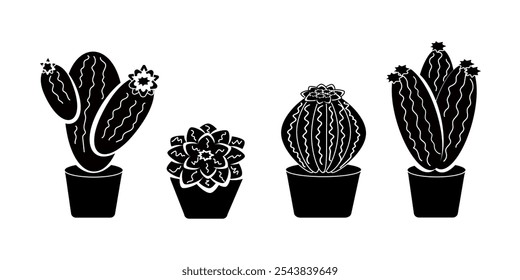 Conjunto de suculentas de cactus de dibujos animados de diferentes Formas. Plantas de casa en macetas. Vector ilustración en blanco y negro