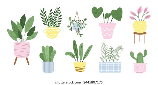 Conjunto de flores de interior. Plantas de casa en macetas. Plantas en maceta para el hogar. Ilustración vectorial con fondo aislado blanco.