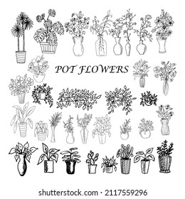A set of indoor flowers ,plants in pots , planters .Black and white illustration ,doodles ,abstraction,vector ,coloring book for children and adults.