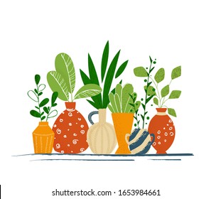 Set of Indoor garden potted plants or home flowers - isolated items on white background. Vector composition green different plants in ceramic pots, illustration of potted houseplants for card, banner