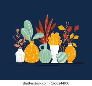 Set of Indoor garden potted plants or home flowers - isolated items on balck background. Vector composition green different plants in ceramic pots, illustration of potted houseplants for card, banner