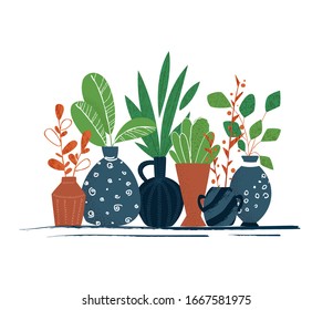 Set of Indoor garden potted plants or home flowers - isolated items on white background. Vector composition green different plants in ceramic pots, illustration of potted houseplants for card, banner