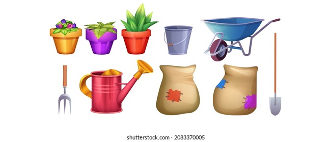 Set of indoor gardening tools isolated on white background. Cartoon plant in pot, wheelbarrow, shovel, pitchfork, watering can. Hand equipment for garden. Soil in bag for planting flowers on backyard.