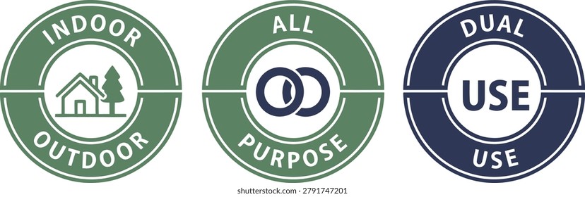 Set of indoor outdoor, all purpose, and dual use badge labels on a white background