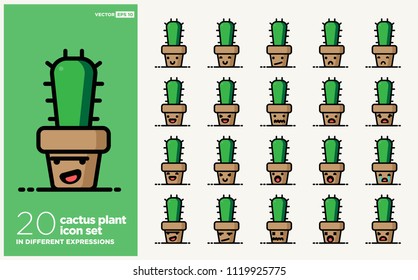 Set of Indoor Plant Emoji Line Icons In Different Expressions