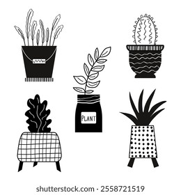 A set of indoor plants, in black and white. It is made in the style of a doodle. A hand-drawn houseplant. Contour vector illustration. Perfect for postcards, decorations and logos.