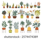 Set of indoor plants in different pots. Flowering and leafy plants in pots, on a stand and in a cachepot. Flat vector illustration.