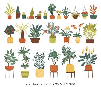 Set of indoor plants in different pots. Flowering and leafy plants in pots, on a stand and in a cachepot. Flat vector illustration.