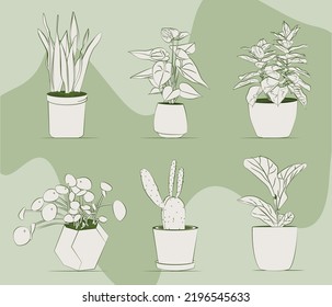 Set of indoor plants flat line arts with green background.