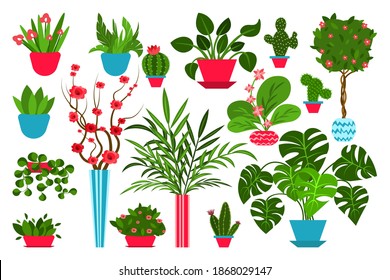 set indoor plants and flowers in pots. Landscaping at home. Decor for the apartment and garden. Interior home indoor plants. vector illustrations