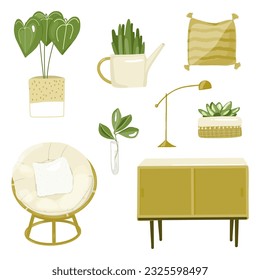 Set of indoor plants and home furnishings pillow, lamp, armchair, chest of drawers in scandinavian style. Vector illustration on white background for sticker, print, poster, postcard