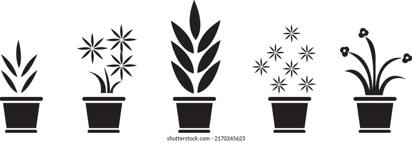 Set of indoor plants in pots, black isolated on white background, vector illustration 5.eps
