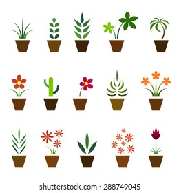 Conjunto de plantas interiores en macetas, coloridas aisladas sobre fondo blanco, ilustración vectorial.