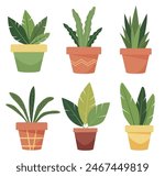 Set of indoor plants in pots. Hand drawn indoor flowers isolated on white background. Cartoon style. Web design, textile, print.