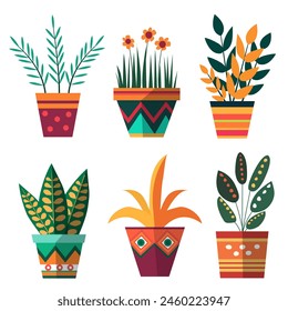 Set of indoor plants in pots. Hand drawn indoor flowers isolated on white background. Cartoon style. Web design, textile, print