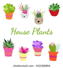 Set of indoor plants in pots for home and office. A large collection of cute houseplants in pots including cacti, aloe and other succulents. Vector collection of doodle plants.