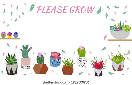 Set of indoor plants in pots for home and office. A large collection of cute houseplants in pots including cacti, aloe and other succulents. Vector collection of doodle plants.