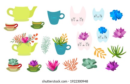 Set of indoor plants in pots for home and office. A large collection of cute houseplants in pots including cacti, aloe and other succulents. Vector collection of doodle plants.