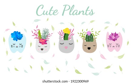 Set of indoor plants in pots for home and office. A large collection of cute houseplants in pots including cacti, aloe and other succulents. Vector collection of doodle plants.