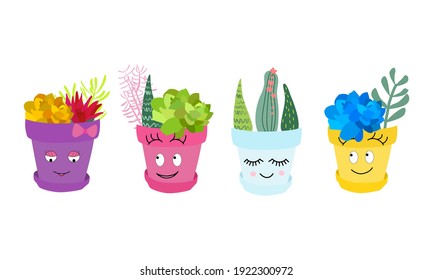 Set of indoor plants in pots for home and office. A large collection of cute houseplants in pots including cacti, aloe and other succulents. Vector collection of doodle plants.