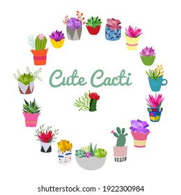 Set of indoor plants in pots for home and office. A large collection of cute houseplants in pots including cacti, aloe and other succulents. Vector collection of doodle plants.