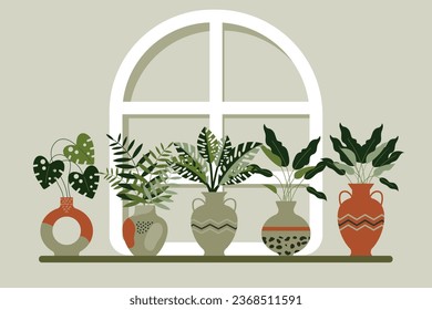 A set of indoor tropical plants in various clay flowerpots on the window. Icons, botany elements, vector	
