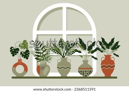 A set of indoor tropical plants in various clay flowerpots on the window. Icons, botany elements, vector	
