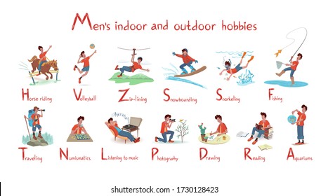 Set of indoors and outdoors men's hobbies. Vector isolated illustration with texture in cartoon style.