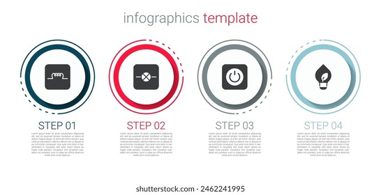 Set Inductor in electronic circuit, Lamp, Power button and Light bulb with leaf. Business infographic template. Vector