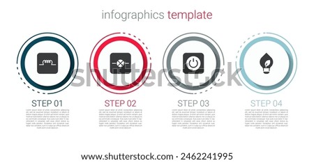 Set Inductor in electronic circuit, Lamp, Power button and Light bulb with leaf. Business infographic template. Vector