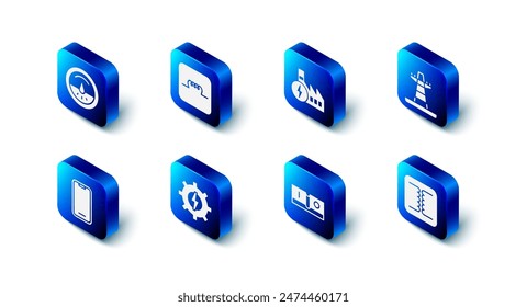 Set Inductor en circuito electrónico, Central nuclear, Línea de torre eléctrica, Transformador eléctrico, Interruptor de luz, Engranaje y relámpago, Teléfono móvil e icono de contador. Vector