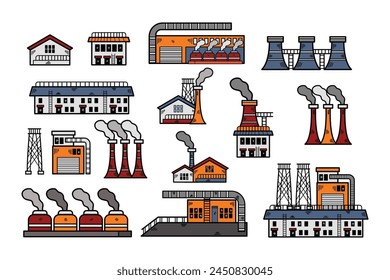 A set of industrial buildings with smoke coming out of them. The buildings are of different sizes and shapes