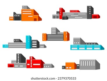 Set of industrial buildings. Urban manufactory view of constructions.