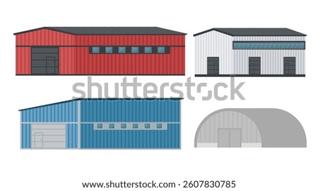 Set of industrial buildings. Warehouse structures. Factory facilities. Metal and concrete industrial constructions. Commercial storage buildings. Vector illustration isolated on white.