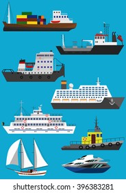 Set of industrial cargo and passenger ships and boats icons. Flat vector illustration