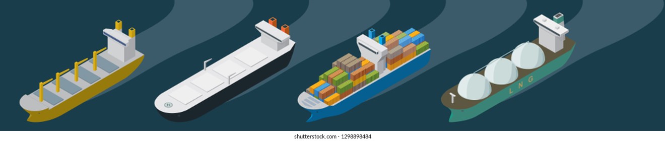 Set of industrial cargo vessels, transportation of petroleum products and LNG, container ship and dry cargo ship. Isometric vector illustration