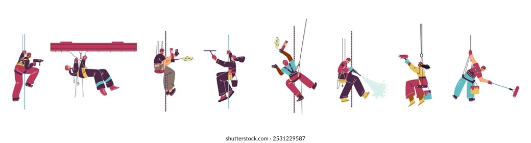 Set of industrial climbers. Men, women in special equipment and a helmet are attached to a cable at a high altitude. Window cleaning, painting and wall repairs. High-altitude work. Vector illustration